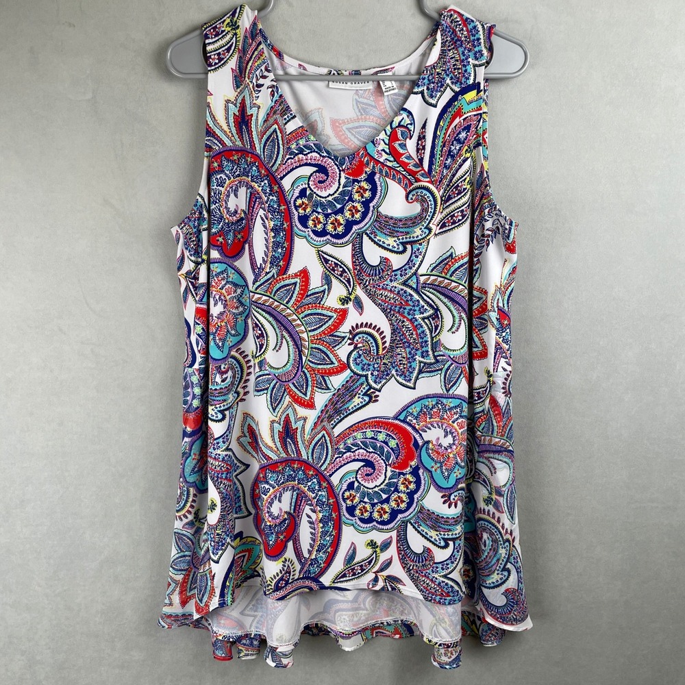 Susan Graver Paisley V-Neck Sleeveless High-Low Hem Boho Artsy Top Multicolor M